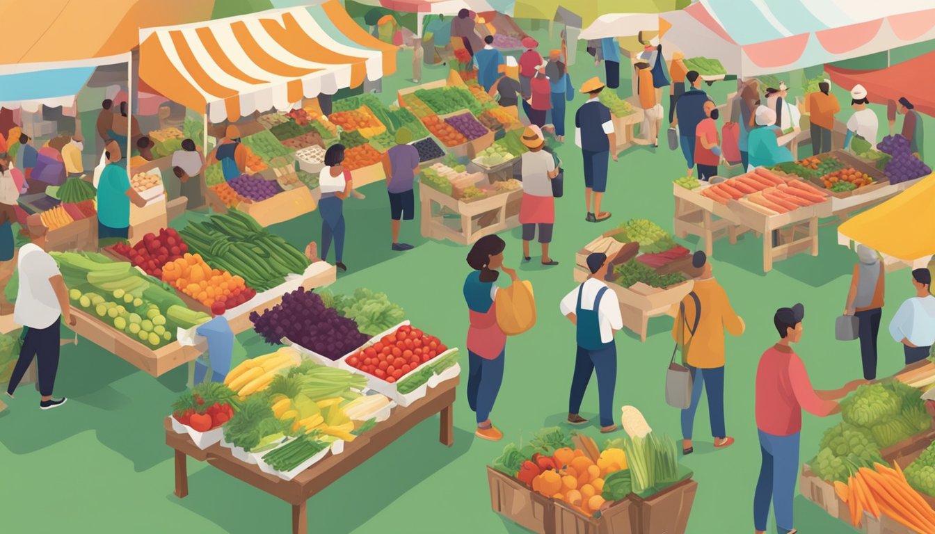 A bustling farmers' market with colorful stalls and a diverse array of fresh produce, surrounded by eager customers and local vendors