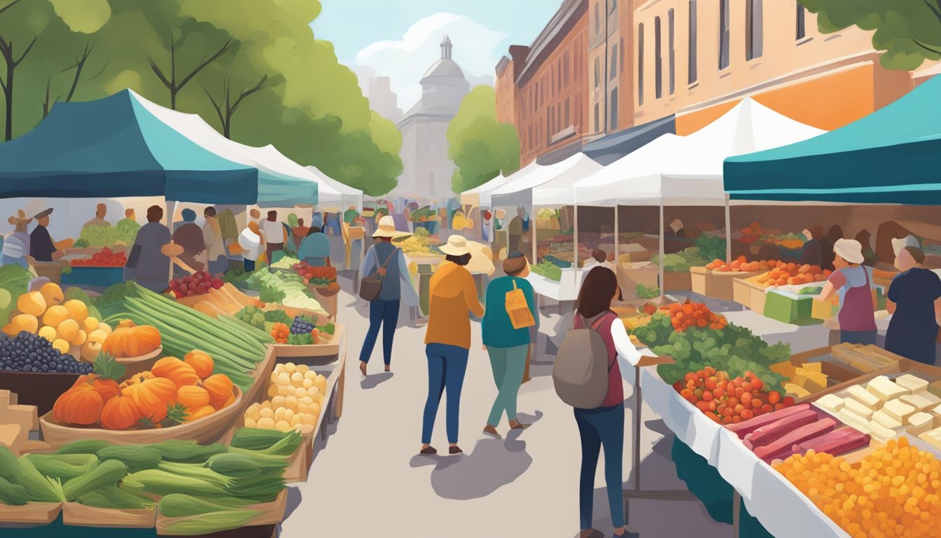 A bustling farmers' market with colorful stalls of fresh produce, artisanal cheeses, and homemade jams. The air is filled with the scent of ripe fruit and the sound of vendors calling out their seasonal offerings