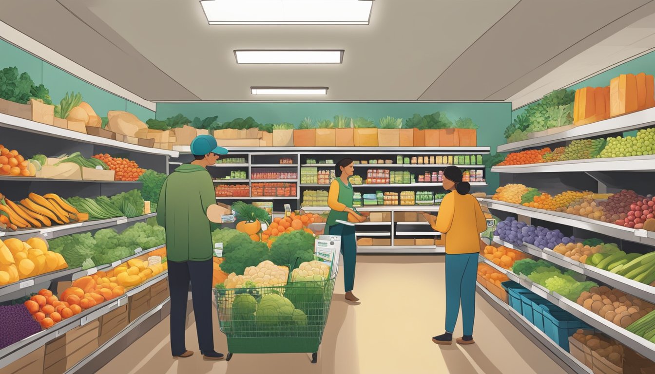 Busy food co-op with colorful produce, bulk bins, and local products. Customers chat with staff while browsing shelves