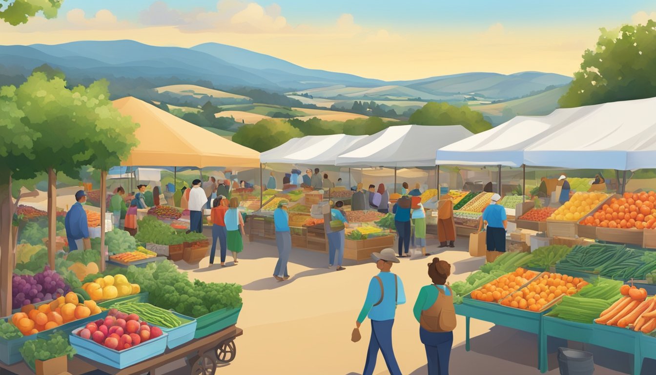 A bustling farmers market with colorful stalls and a variety of fresh produce, surrounded by a scenic backdrop of rolling hills and farmland in Salinas, CA