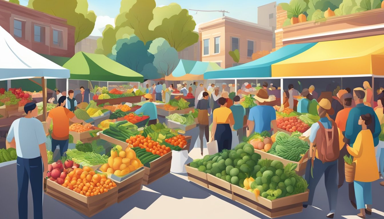 A vibrant farmers market with colorful produce, a variety of fresh fruits and vegetables, and a bustling crowd of shoppers