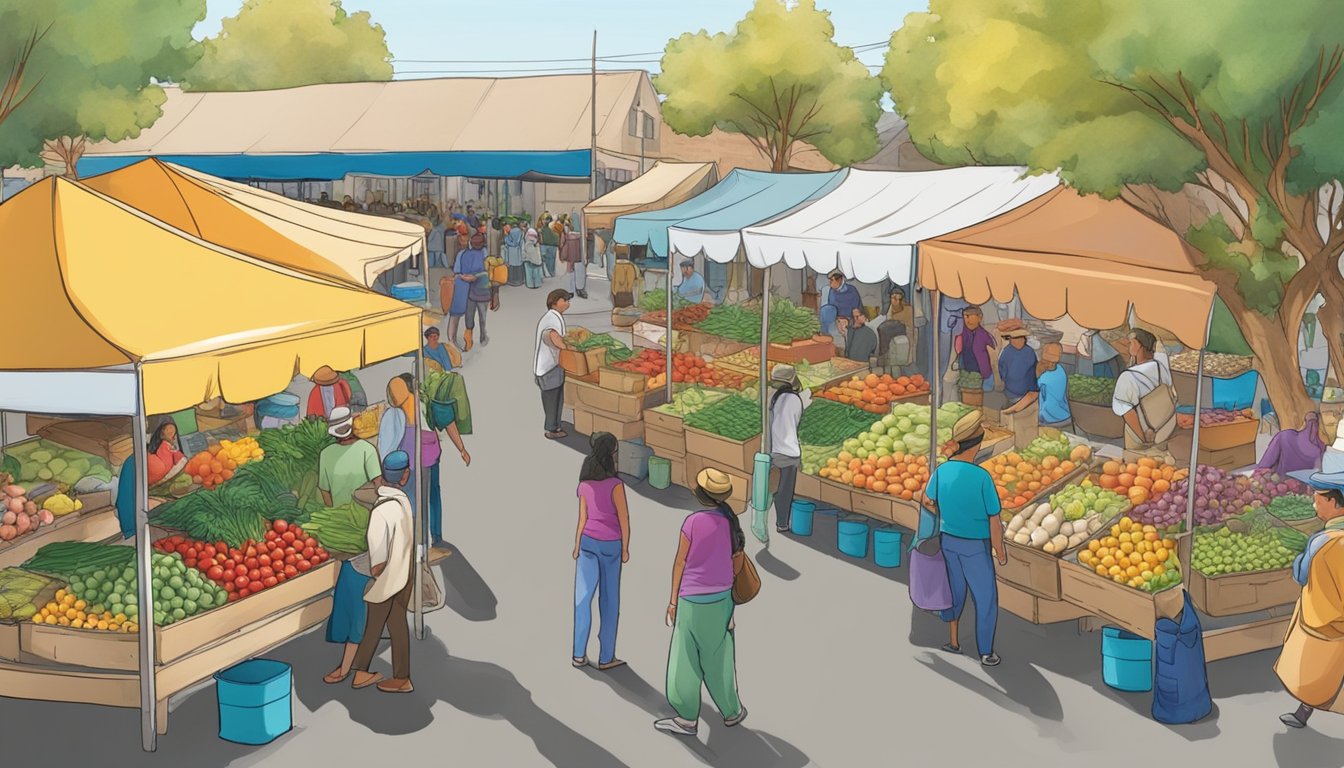 A bustling farmers market with vendors selling fresh produce and artisanal goods under colorful canopies in Salinas, CA