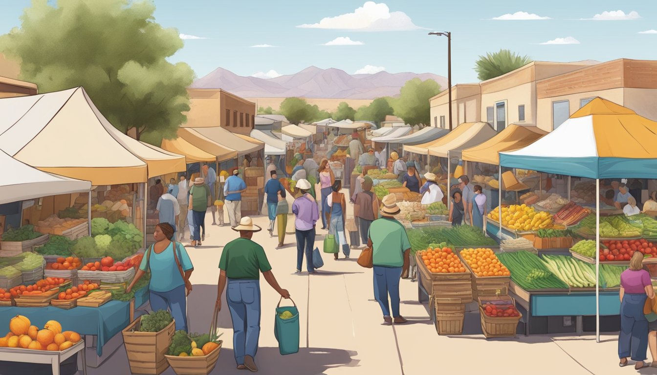 A bustling farmers market with colorful stalls and diverse produce, surrounded by a close-knit community in Buckeye, Arizona