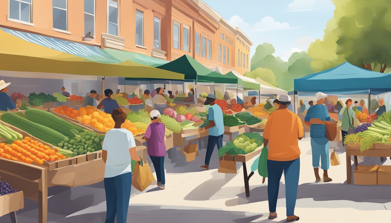 A bustling outdoor farmers market filled with colorful produce, local vendors, and community members browsing and chatting