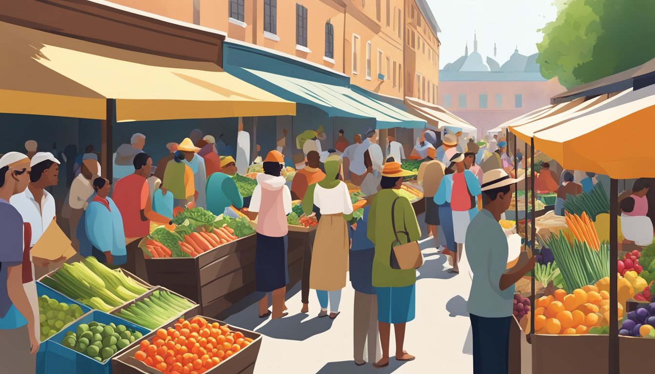 A bustling outdoor market with colorful stalls filled with fresh produce, surrounded by eager shoppers and vendors chatting and exchanging goods