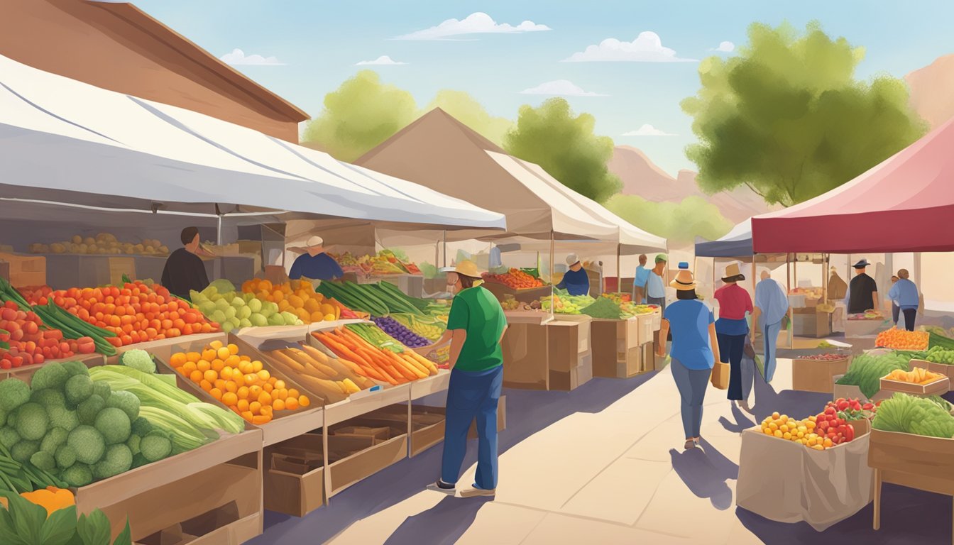 A vibrant outdoor farmers' market with colorful stalls of fresh fruits, vegetables, and locally produced goods in Buckeye, AZ