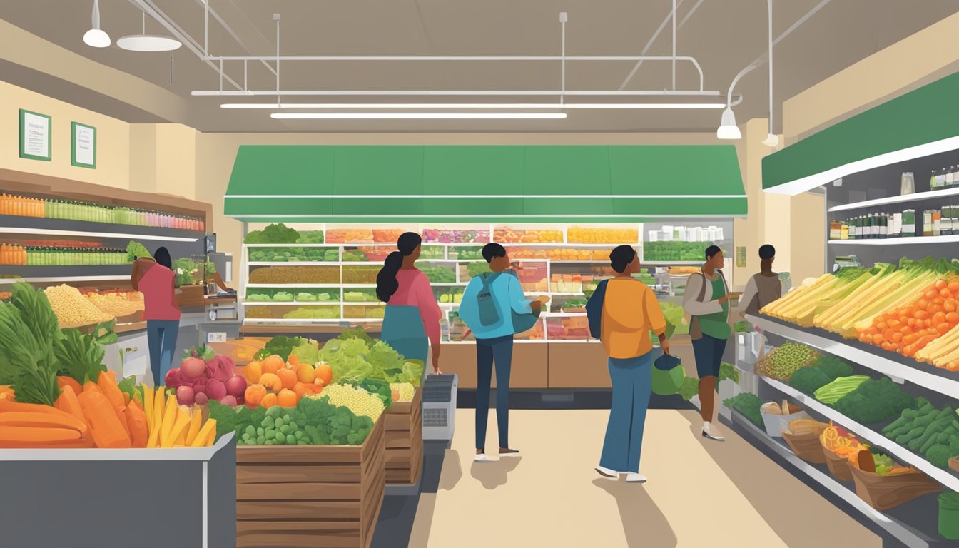 A bustling local food co-op in Alexandria, VA, with members shopping and interacting with staff, surrounded by shelves of fresh produce and products