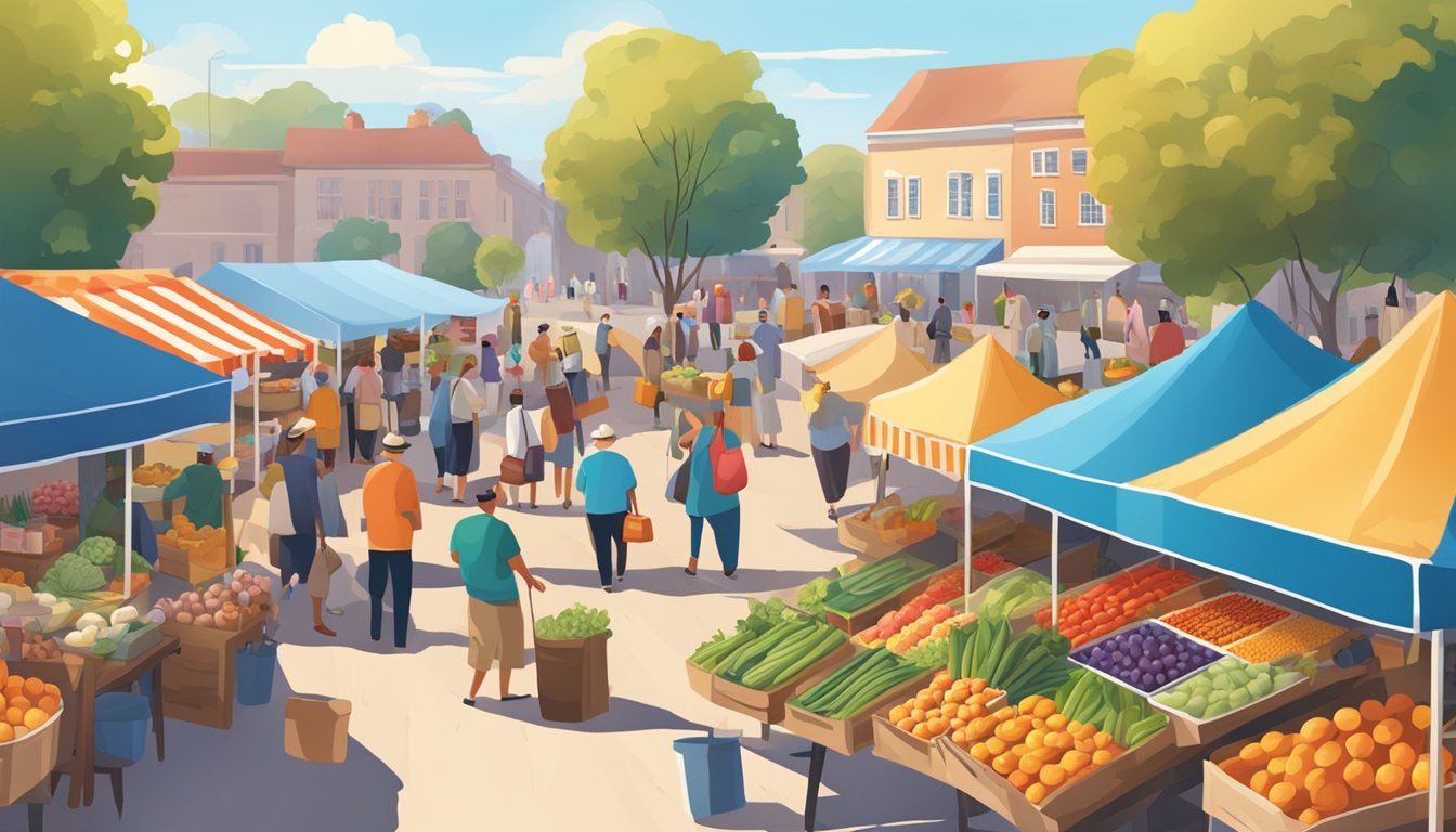 A bustling farmers market with colorful stalls selling fresh produce, baked goods, and handmade crafts. Shoppers browse the selection of local goods under a bright blue sky