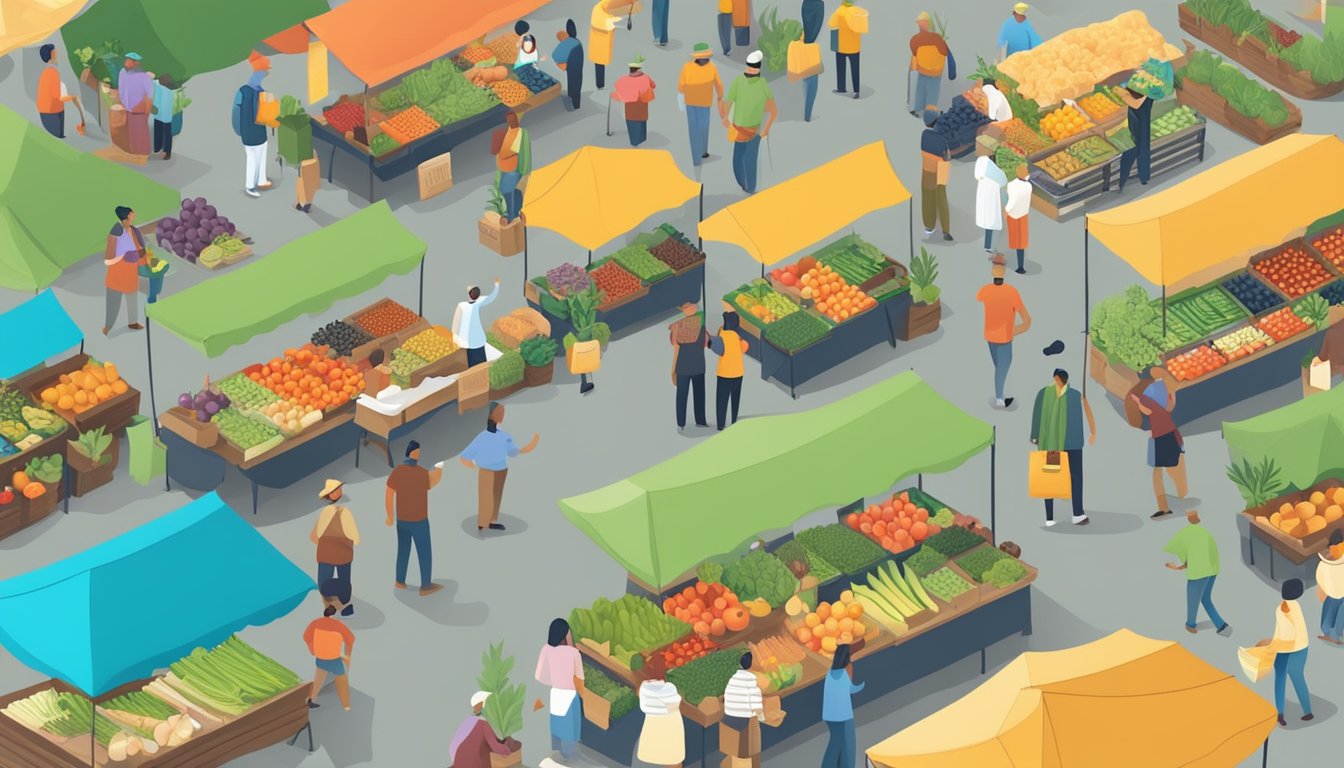 A bustling farmers' market with colorful produce, local vendors, and community members making sustainable food choices