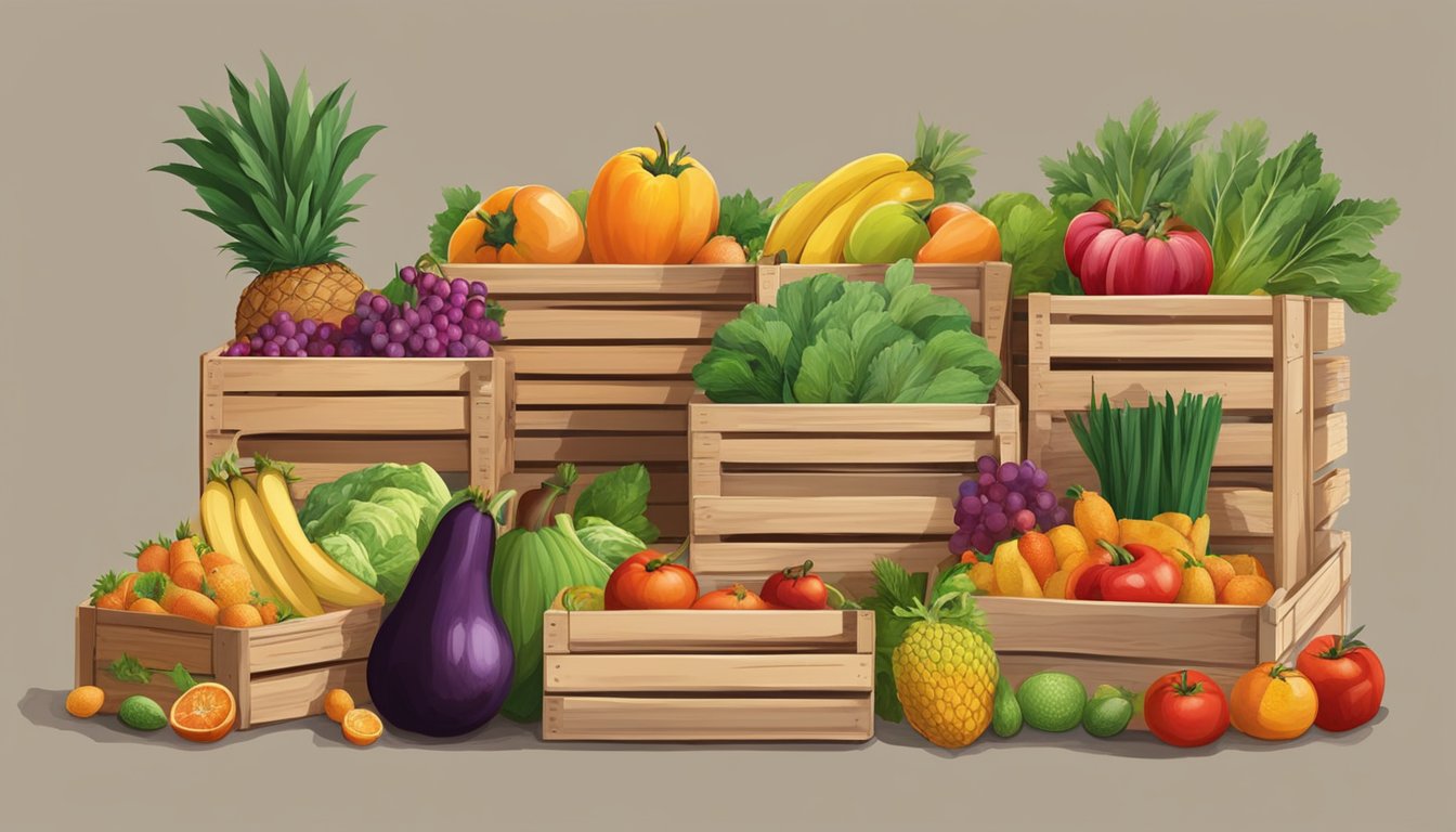 A colorful display of fresh fruits, vegetables, and locally made products arranged in wooden crates and baskets at Surprise Coops