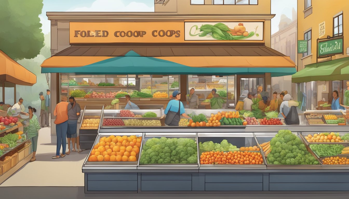 A bustling local food coop with colorful produce, friendly vendors, and happy customers