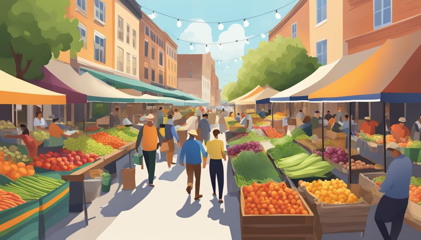 A bustling farmers market, with vendors selling fresh produce and locally sourced goods under colorful awnings