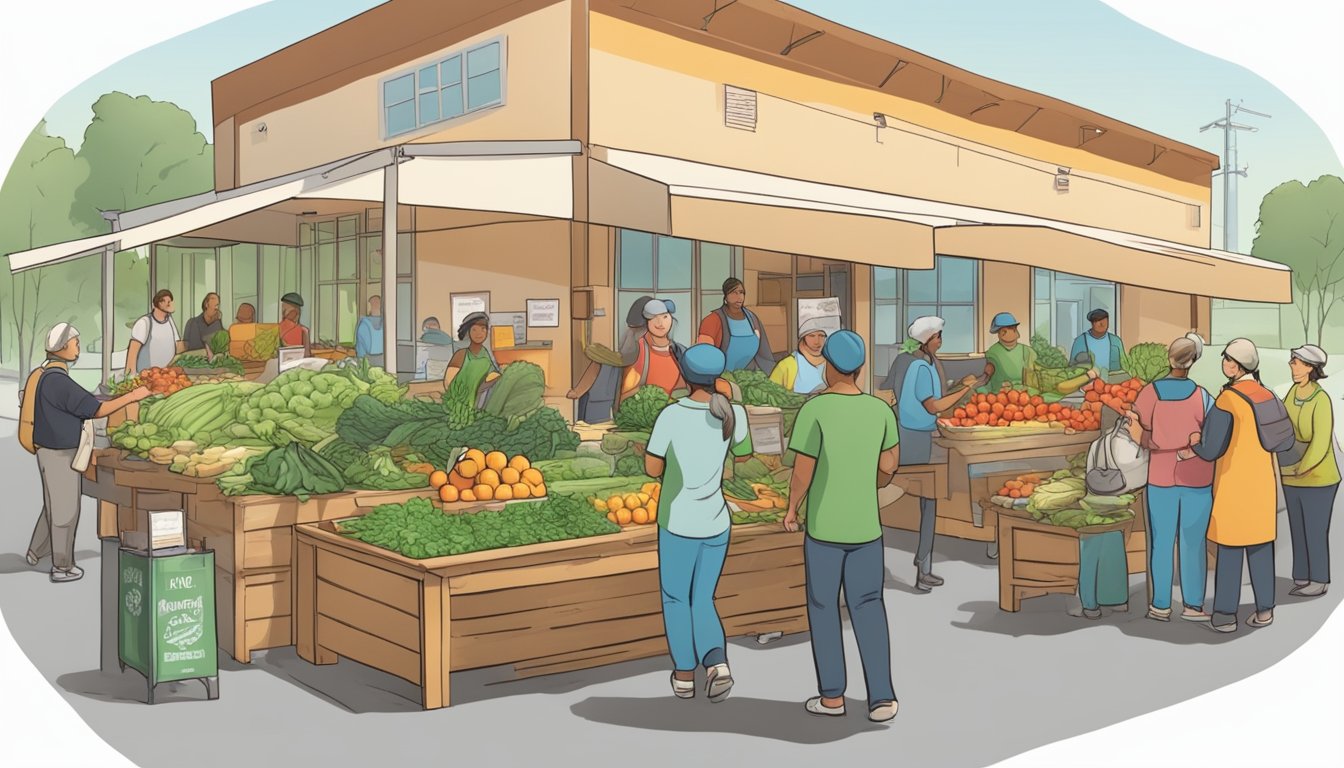 A bustling local food coop with volunteers helping customers and organizing fresh produce