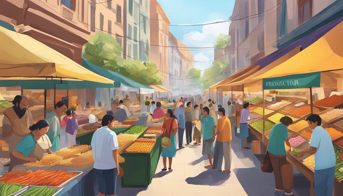 A bustling food market with colorful stalls offering a variety of global cuisine. A mix of aromas fills the air as people browse the diverse selection