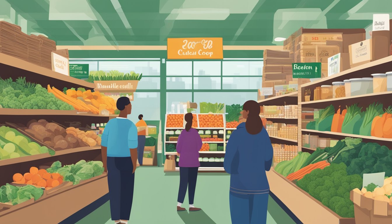 A bustling local food co-op in Green Bay, WI, with shelves stocked full of fresh produce, bulk goods, and specialty products. Customers chat with friendly staff and enjoy the benefits of membership