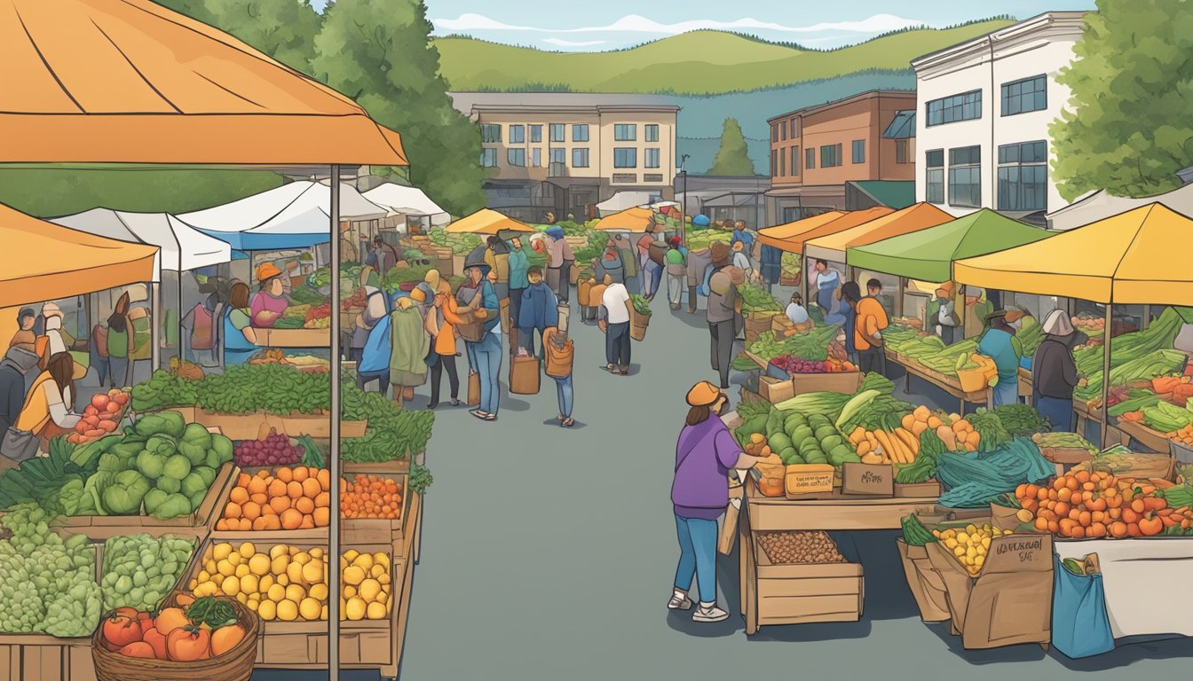 A bustling farmers market with colorful produce, a variety of local food vendors, and a sign promoting Community-Supported Agriculture (CSA) in Renton, WA