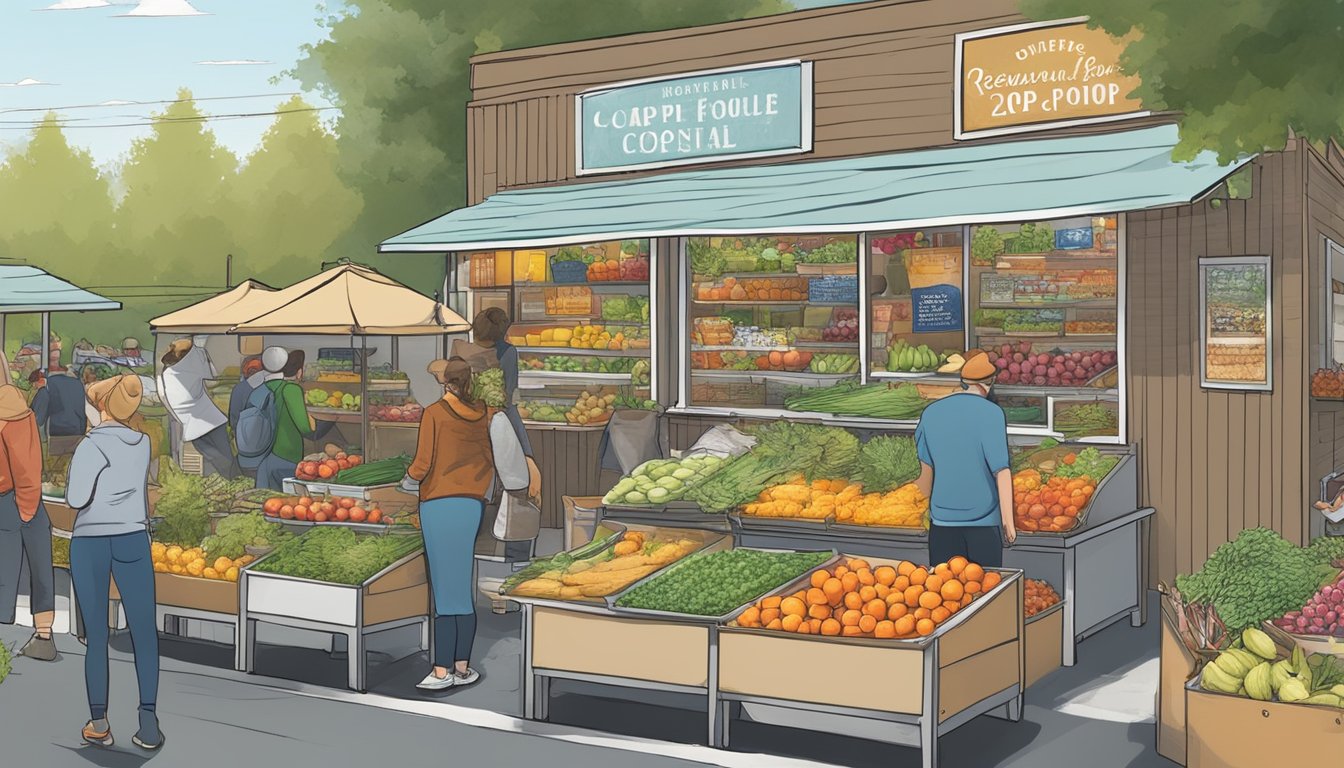 A bustling local food coop with colorful produce displays and a chalkboard listing seasonal offerings and events in Renton, WA