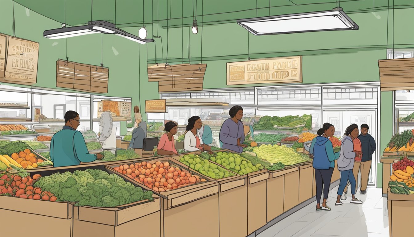 Customers browsing fresh produce at a bustling local food co-op. A guide assists with product knowledge as shoppers engage with the community-focused establishment