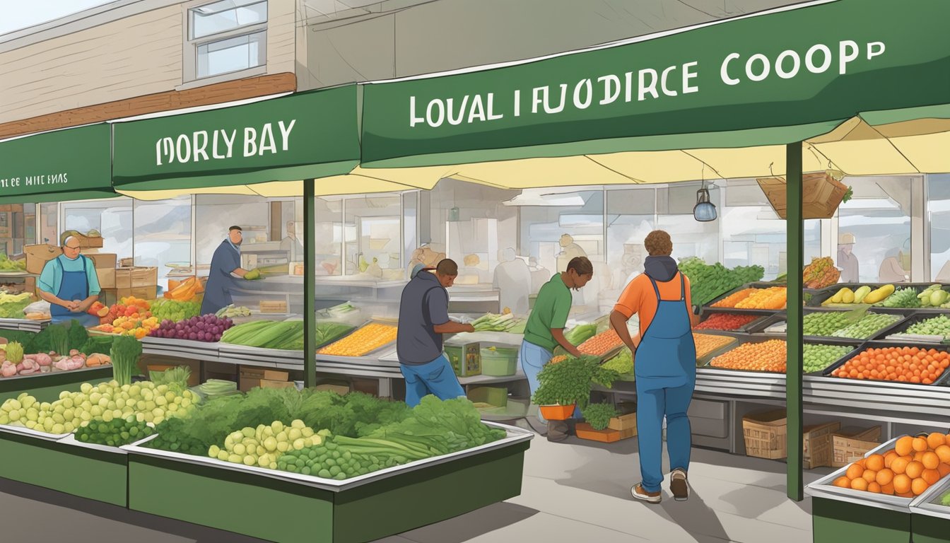 A bustling local food coop in Green Bay, WI, with fresh produce, seasonal fruits, and a variety of locally-sourced ingredients for food preparation