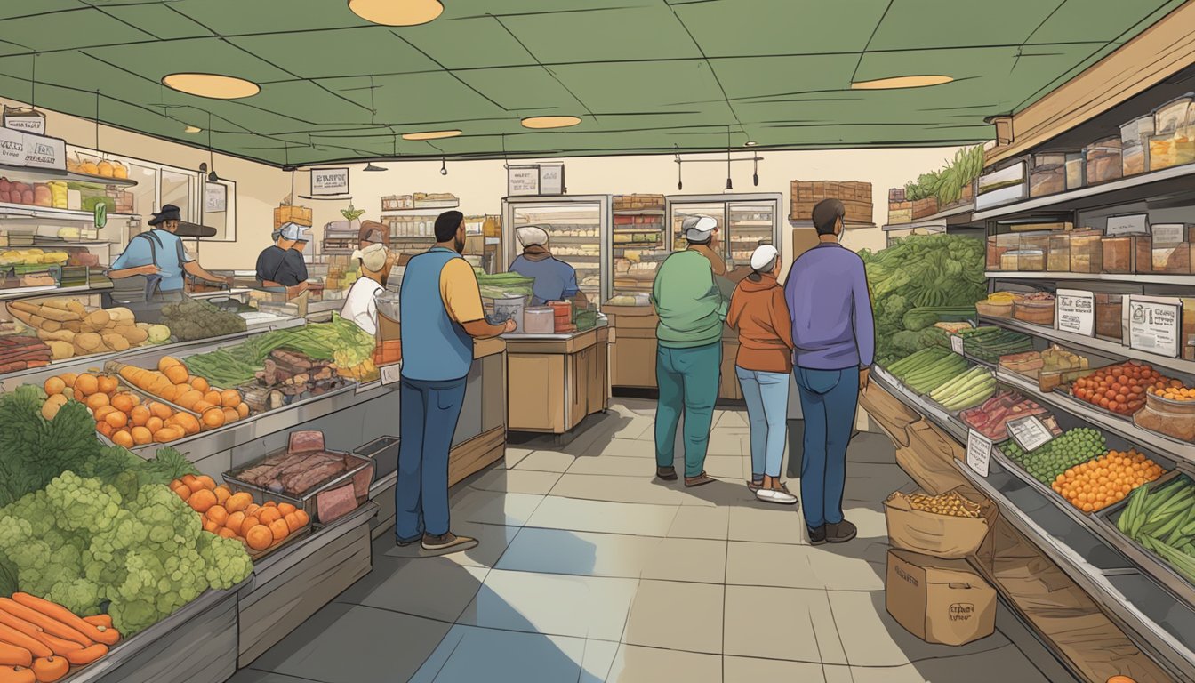 A bustling local food coop with shelves stocked full of fresh produce, local meats, and artisanal products. Customers chat with friendly staff while selecting their items