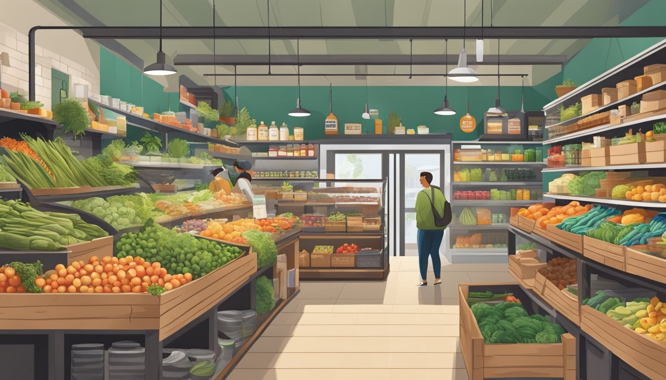 A bustling local food coop with shelves stocked full of fresh produce and pantry staples, customers browsing and chatting with staff