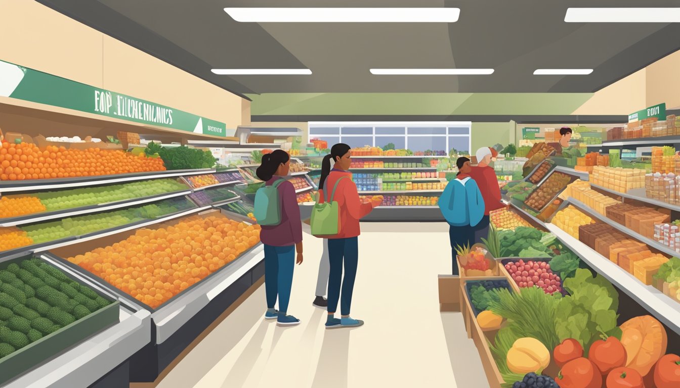 A bustling local food coop with colorful produce, shelves of bulk goods, and a diverse selection of specialty items. Customers chat with friendly staff as they explore the aisles