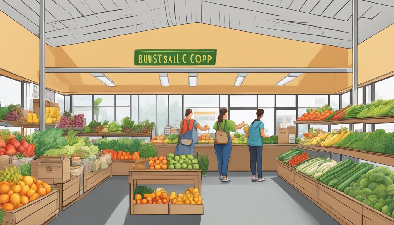 A bustling local food co-op with colorful produce, shelves stocked with organic goods, and a friendly staff assisting members with their purchases