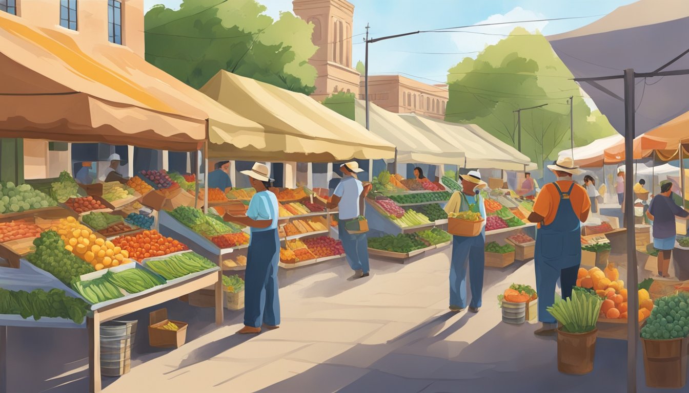 A bustling farmer's market with colorful produce stalls and friendly vendors in Edinburg, TX. Customers browse and chat, creating a lively and welcoming atmosphere