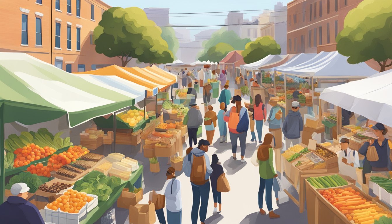 A bustling farmers' market with colorful stalls and a variety of fresh produce, baked goods, and artisanal food products. Patrons chat with vendors and sample local treats