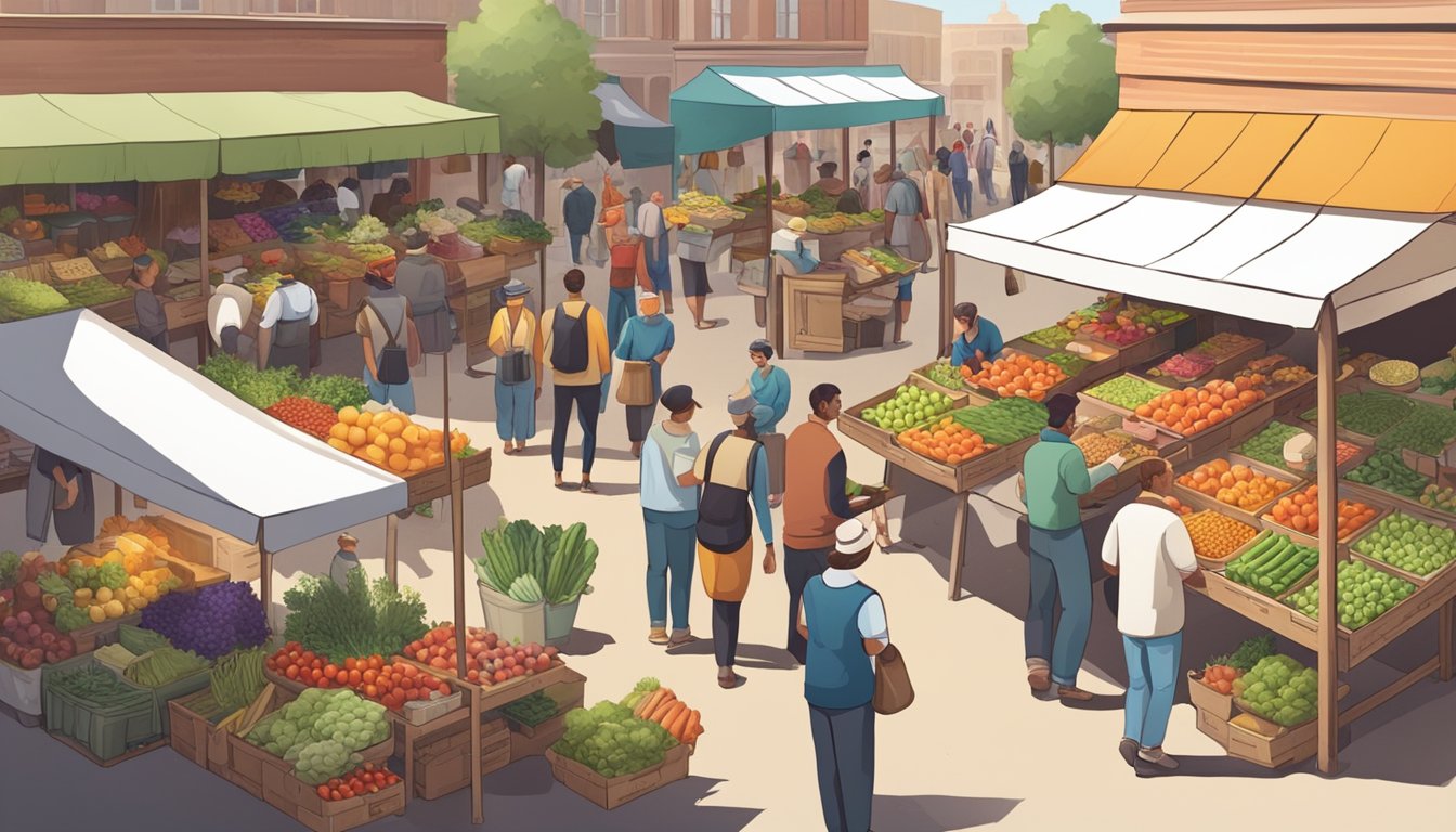 A bustling farmers market with colorful stalls and fresh produce, surrounded by a diverse group of people browsing and chatting with local farmers