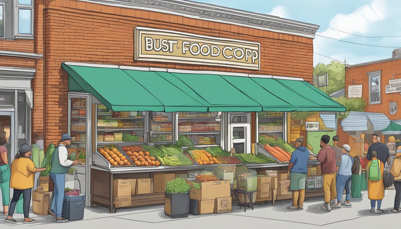 A bustling local food coop in Springfield, MA, with vendors and customers interacting