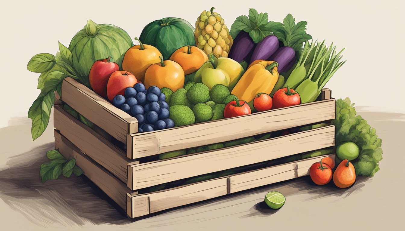 A colorful array of fresh fruits and vegetables from Edinburg Farms displayed in a rustic wooden crate at a local food coop