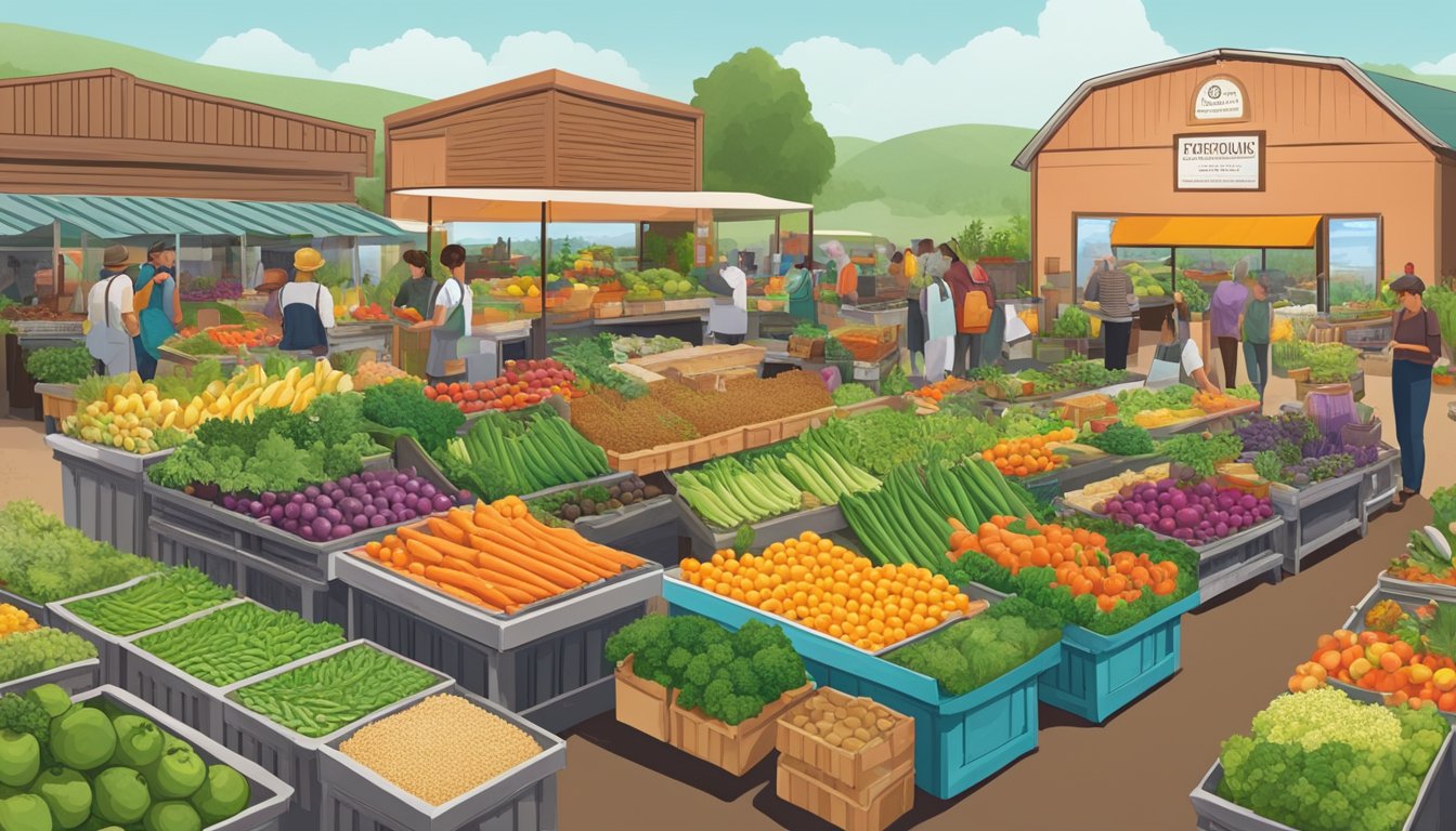 A bustling local food coop market with colorful displays of fresh produce and artisanal products, surrounded by fields of regenerative agriculture