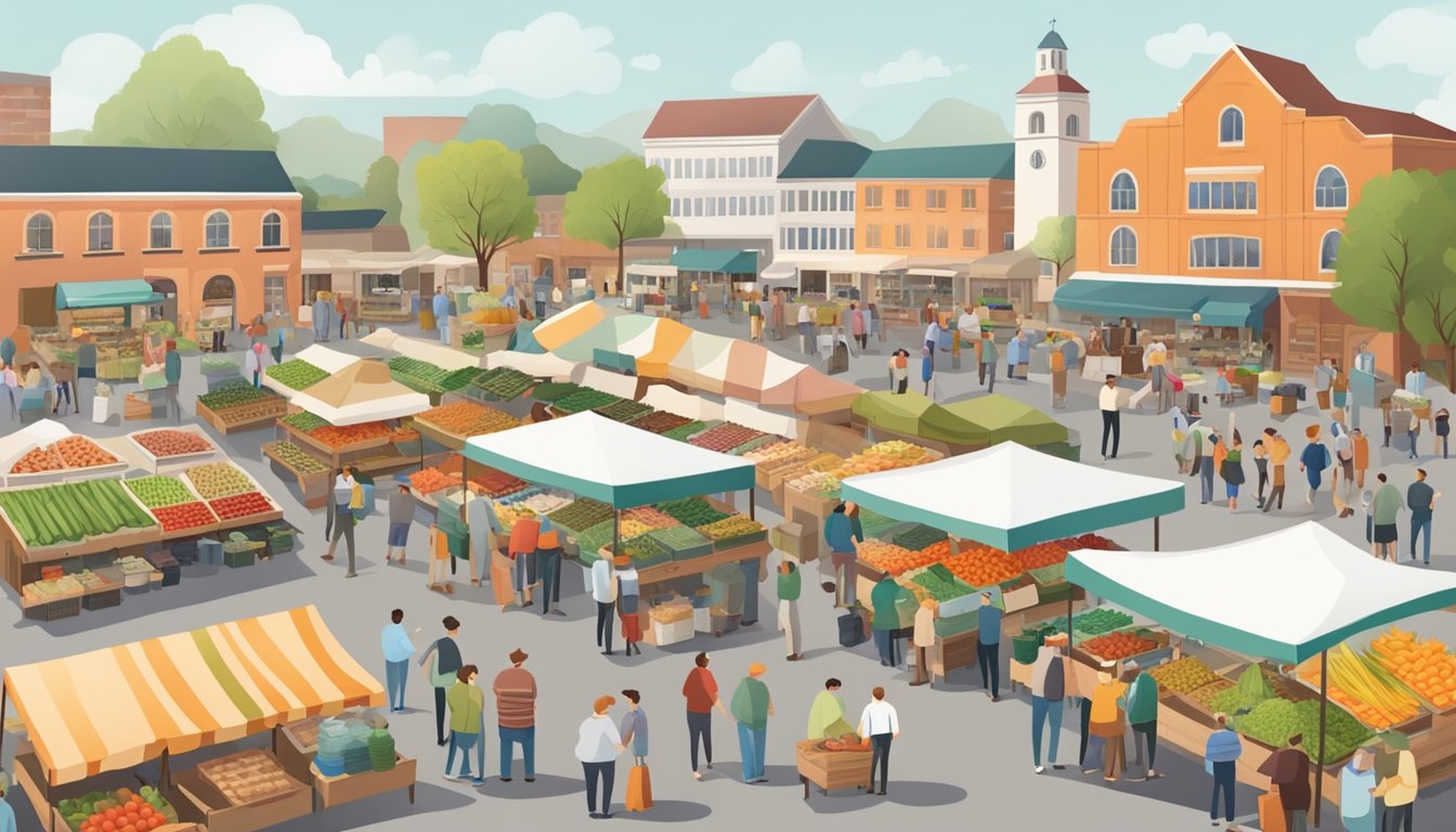 A bustling farmers' market with colorful stalls and a variety of locally grown produce, surrounded by eager shoppers and friendly vendors