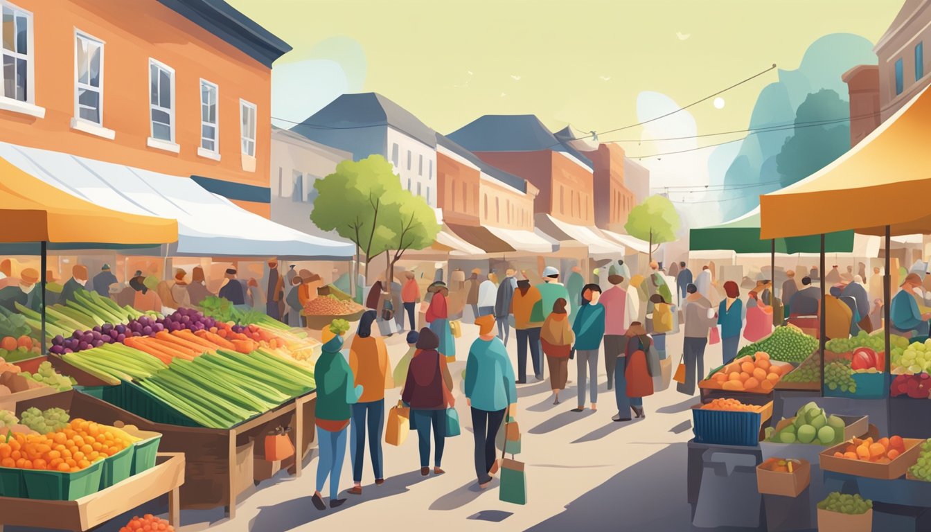 A bustling farmer's market with colorful stalls and diverse produce, surrounded by eager shoppers and cheerful vendors