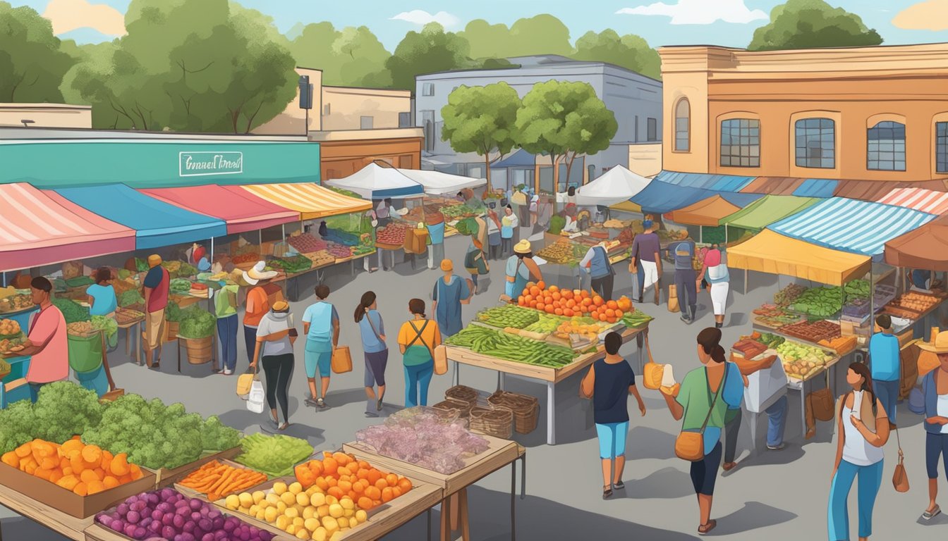 A bustling farmers market with colorful stalls selling artisanal foods and crafts in Edinburg, TX