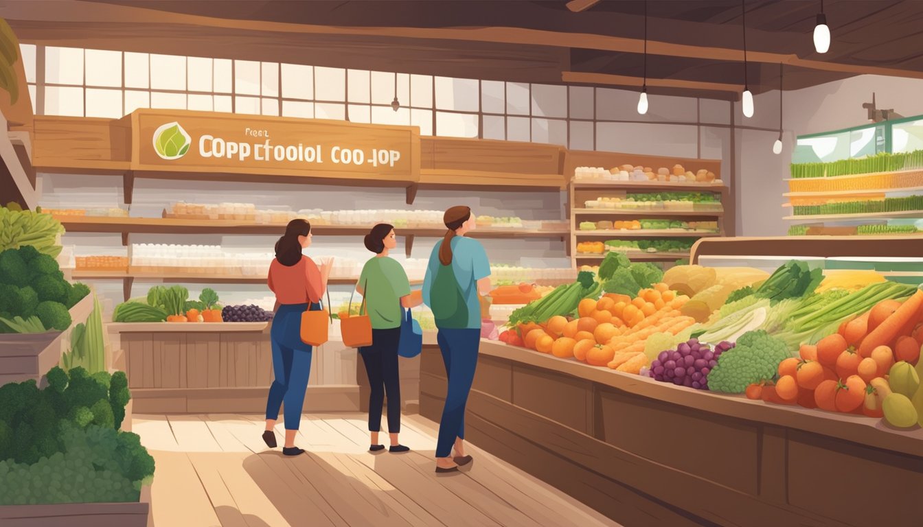 A bustling local food co-op with fresh produce, dairy, and grains displayed on wooden shelves, with customers chatting with vendors