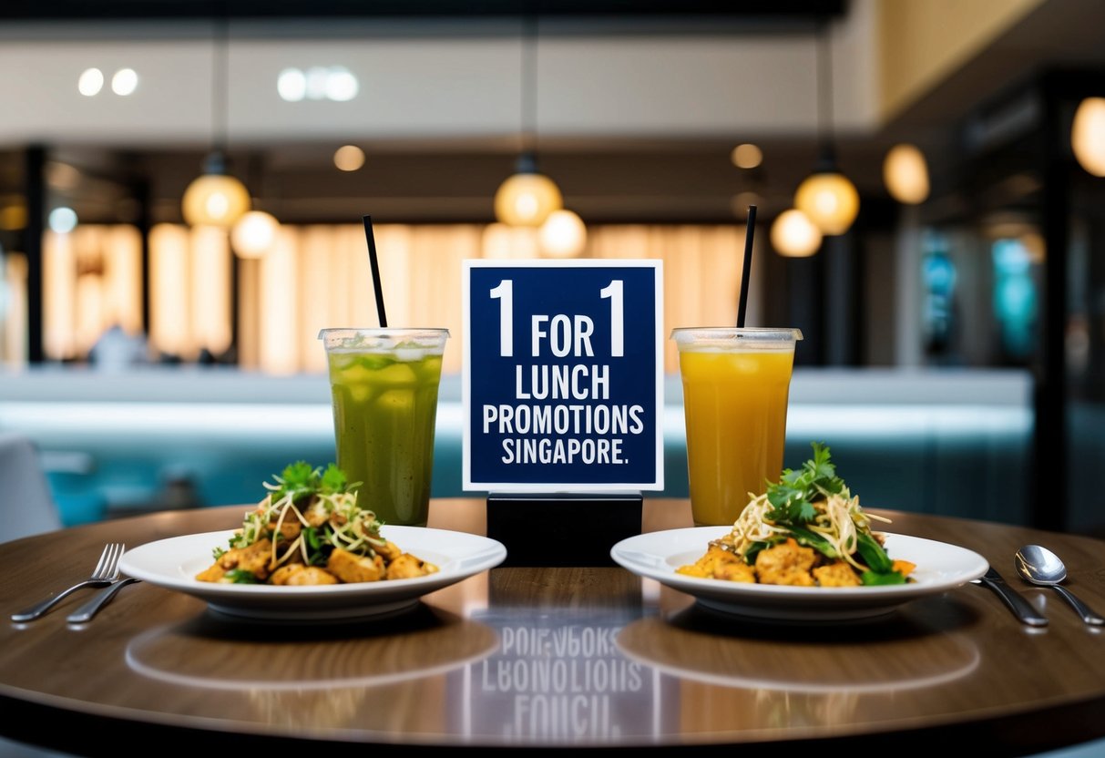 A table with two plates of food and two drinks, with a sign indicating "1 for 1 lunch promotions Singapore."