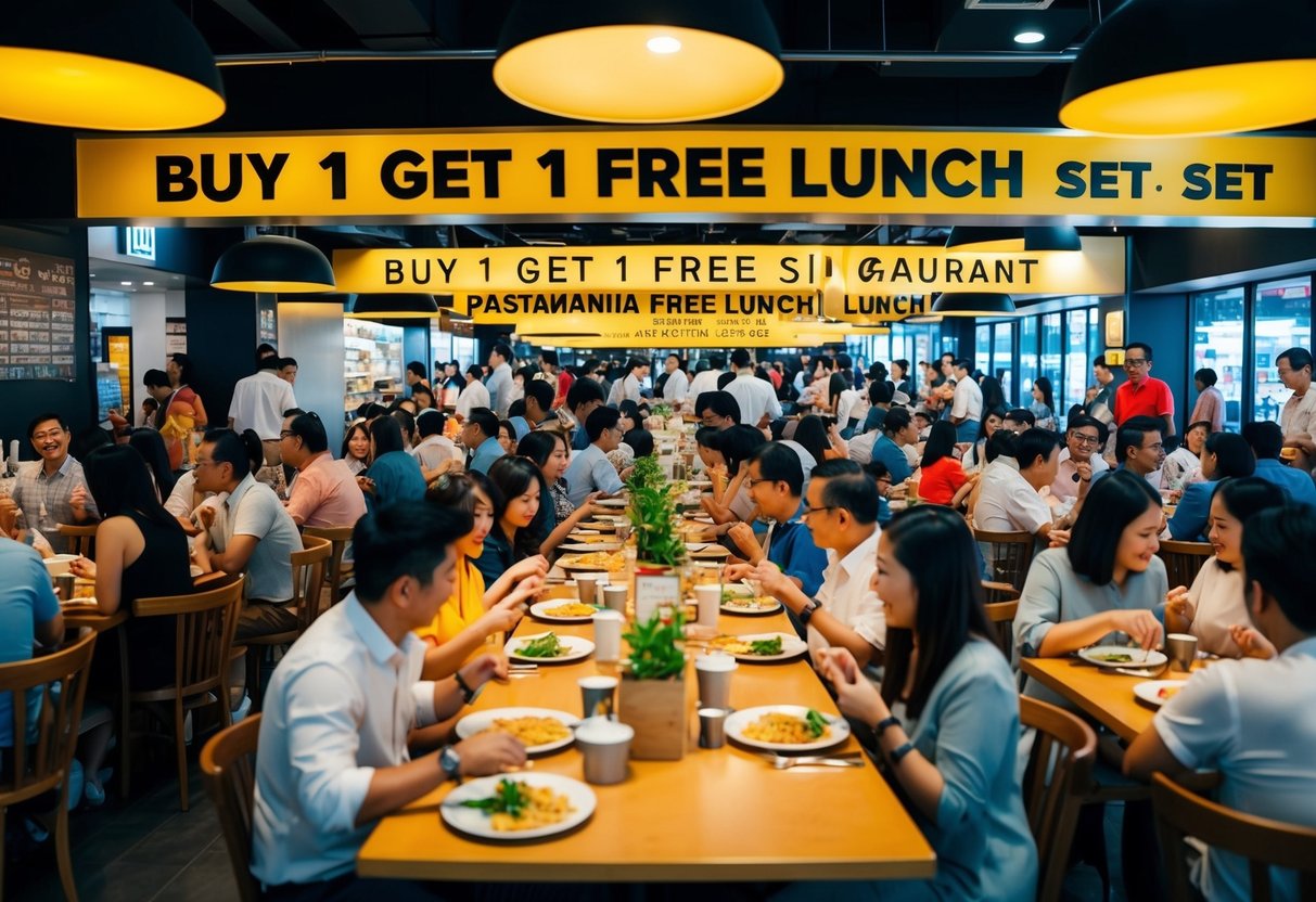 A crowded PastaMania restaurant, with tables filled with customers enjoying the Buy 1 Get 1 Free Lunch Set promotion in Singapore