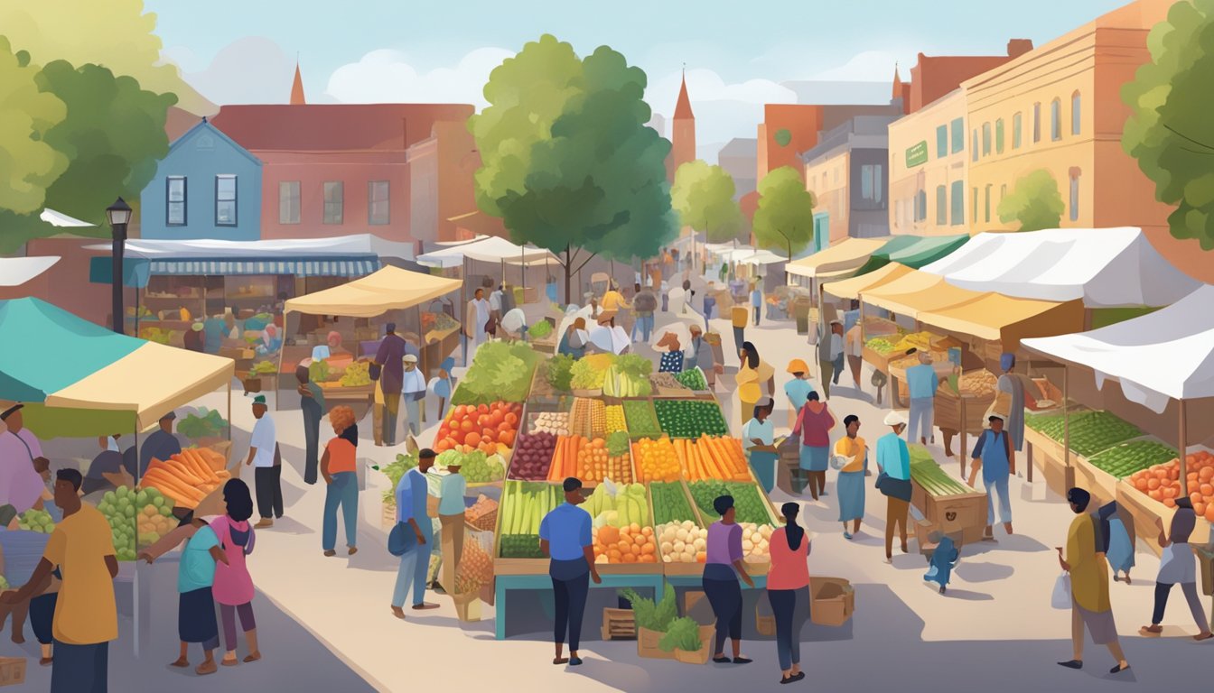 A bustling farmers' market with colorful produce stalls, local vendors, and community members chatting and shopping