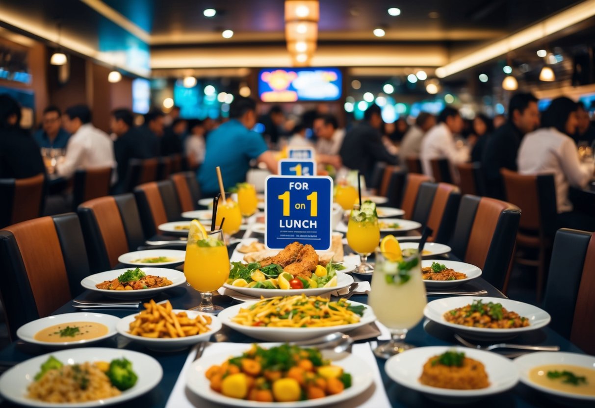 A crowded restaurant with tables set for 1 for 1 lunch promotions, showcasing a variety of dishes and drinks