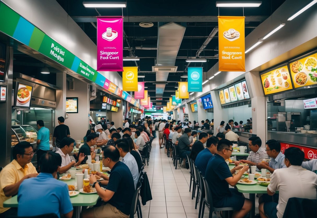 A bustling Singaporean food court with colorful promotional banners and crowded lunch tables