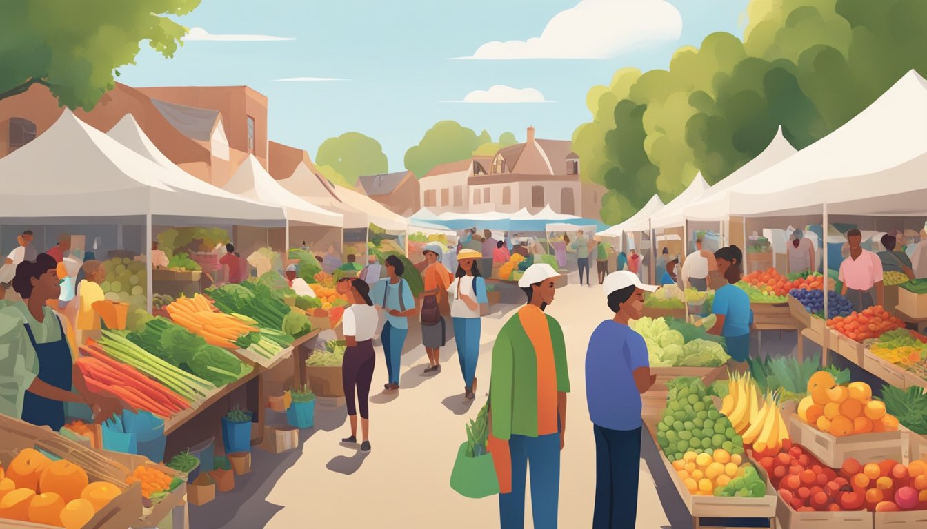 A bustling farmers market with colorful stalls, fresh produce, and happy customers browsing and chatting with local farmers