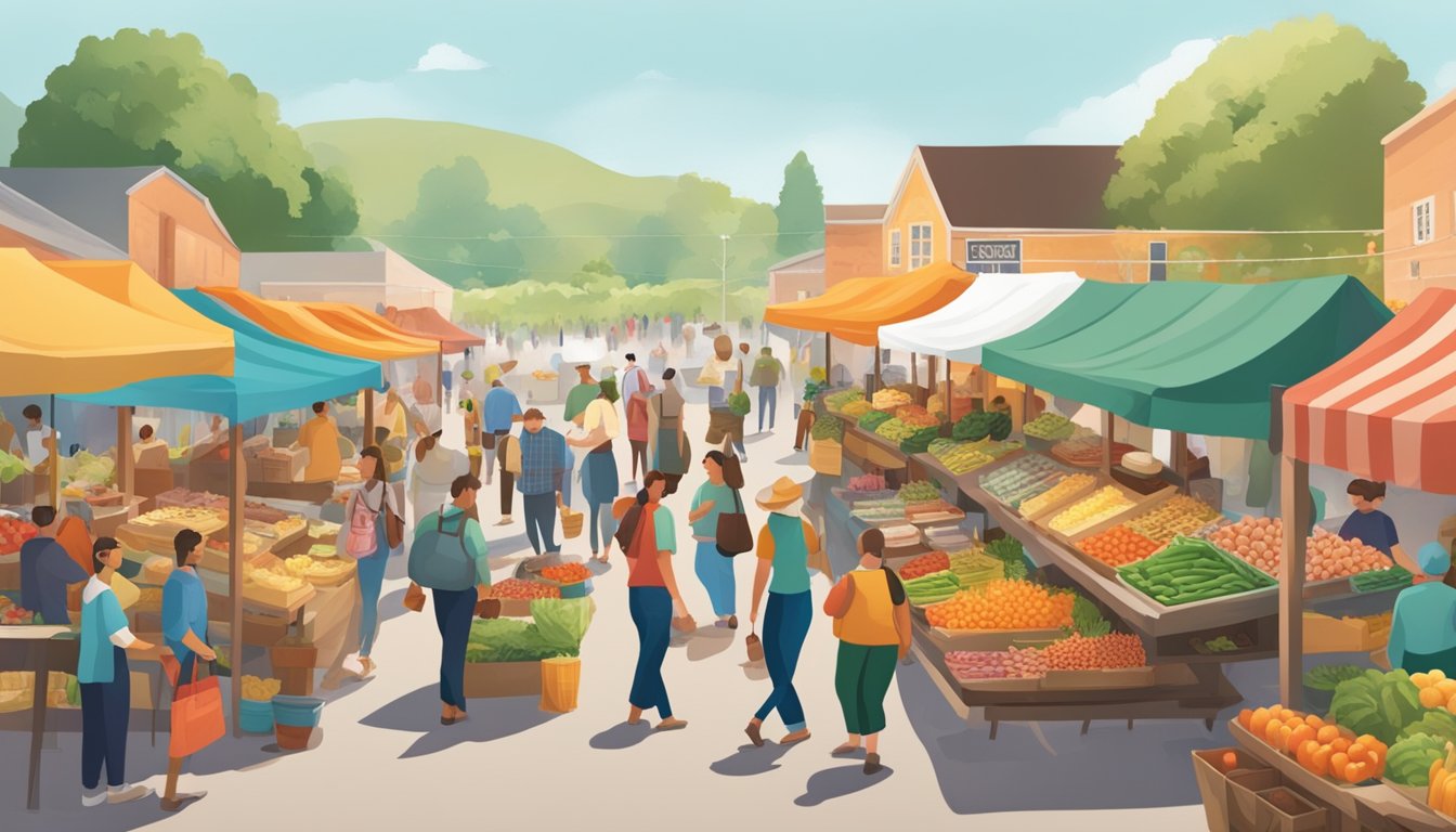 A bustling farmers market with colorful stalls and a variety of fresh produce, baked goods, and locally made products. Busy shoppers browse the offerings while chatting with friendly vendors