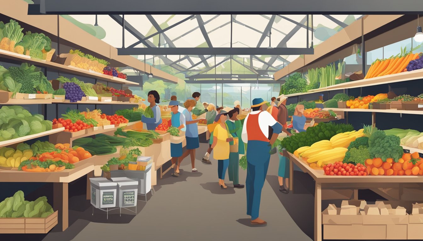 A bustling farmers' market with a variety of fresh produce and locally sourced goods displayed on tables and shelves