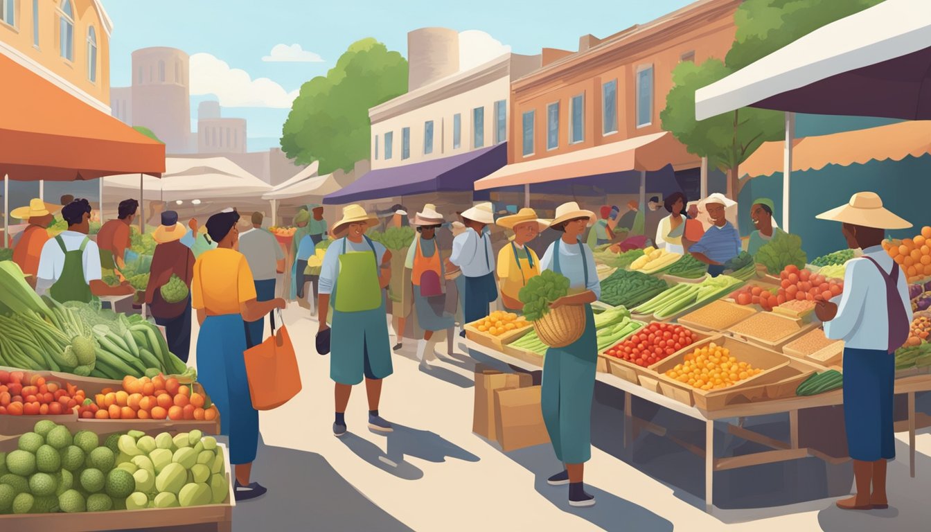 A bustling farmer's market with diverse produce, smiling vendors, and eager customers browsing through locally grown fruits and vegetables