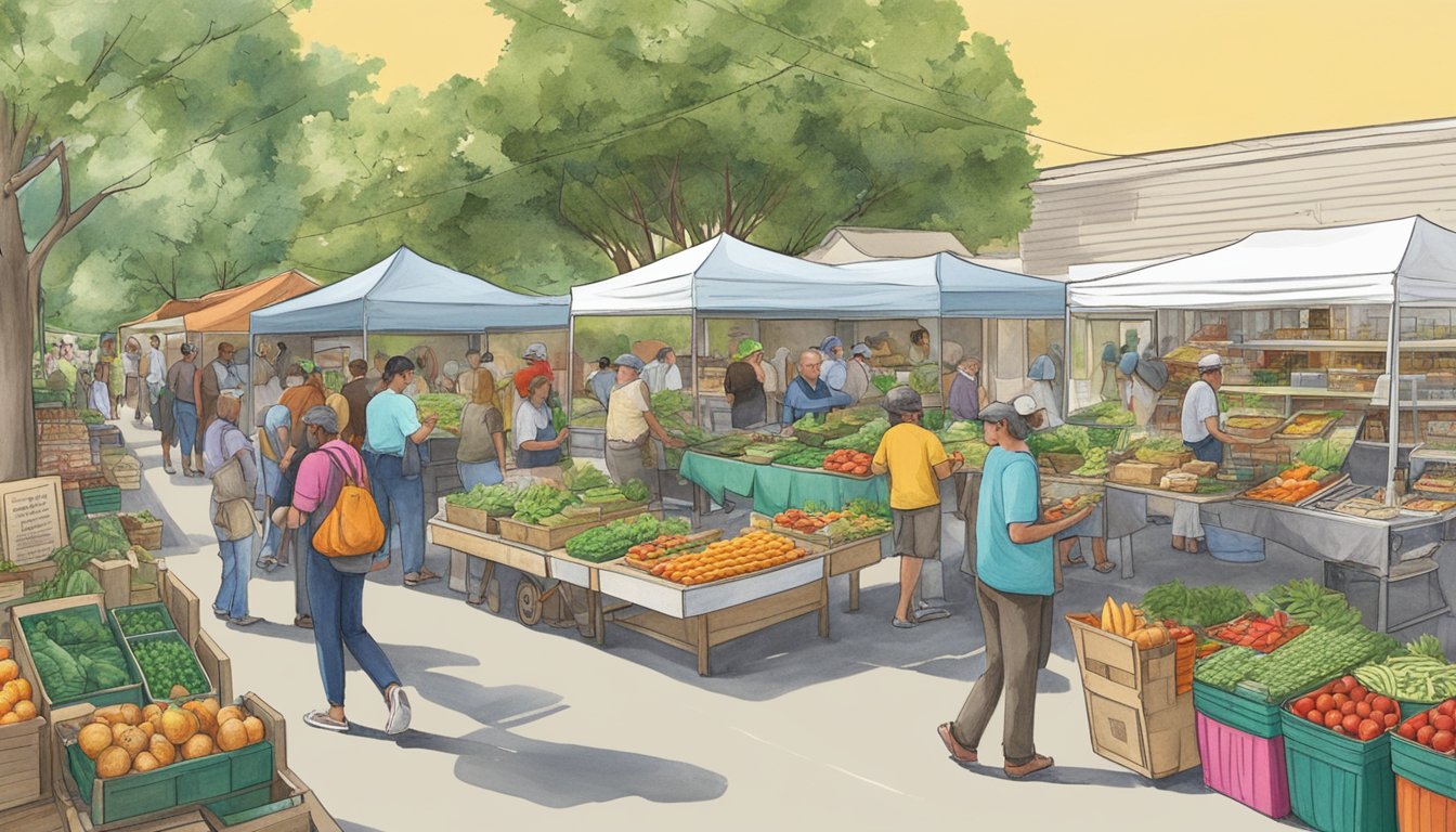 A bustling local food coop in Denton, TX, with vendors selling fresh produce and handmade goods, while educational events and initiatives take place in the background