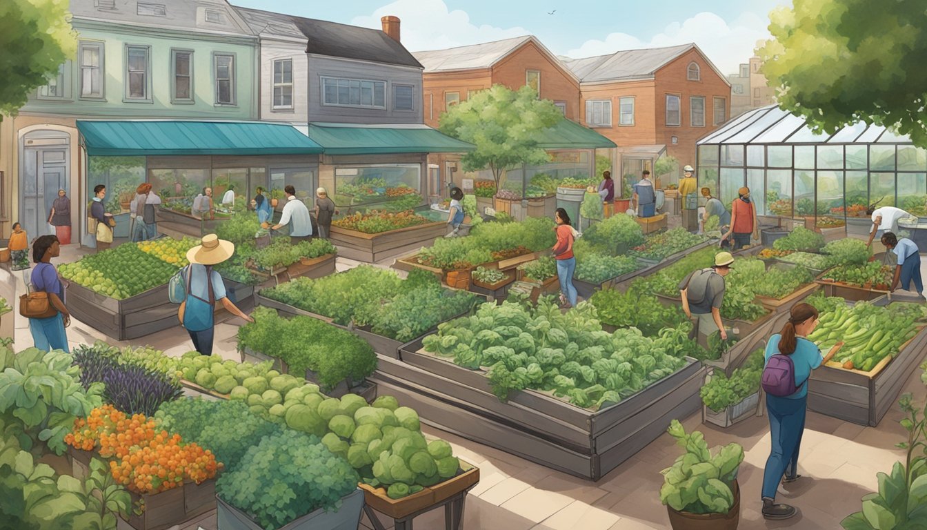 A bustling urban garden with raised beds, greenhouses, and a variety of vegetables and herbs. People are seen tending to the plants, while others browse a nearby local food coop for fresh produce