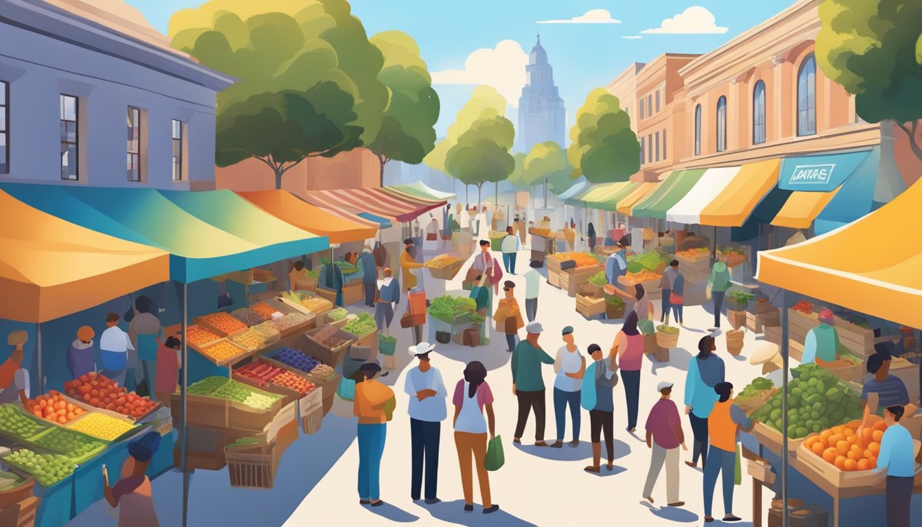 A bustling farmers market with colorful stalls and fresh produce. Customers browse and chat with vendors under a bright blue sky