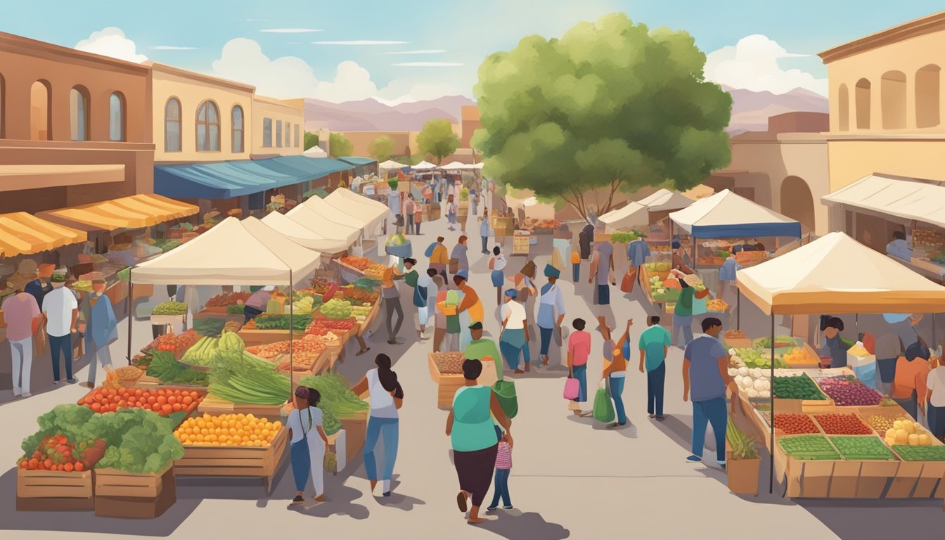 A bustling farmer's market with colorful stalls and diverse produce, surrounded by a diverse community in Goodyear, AZ